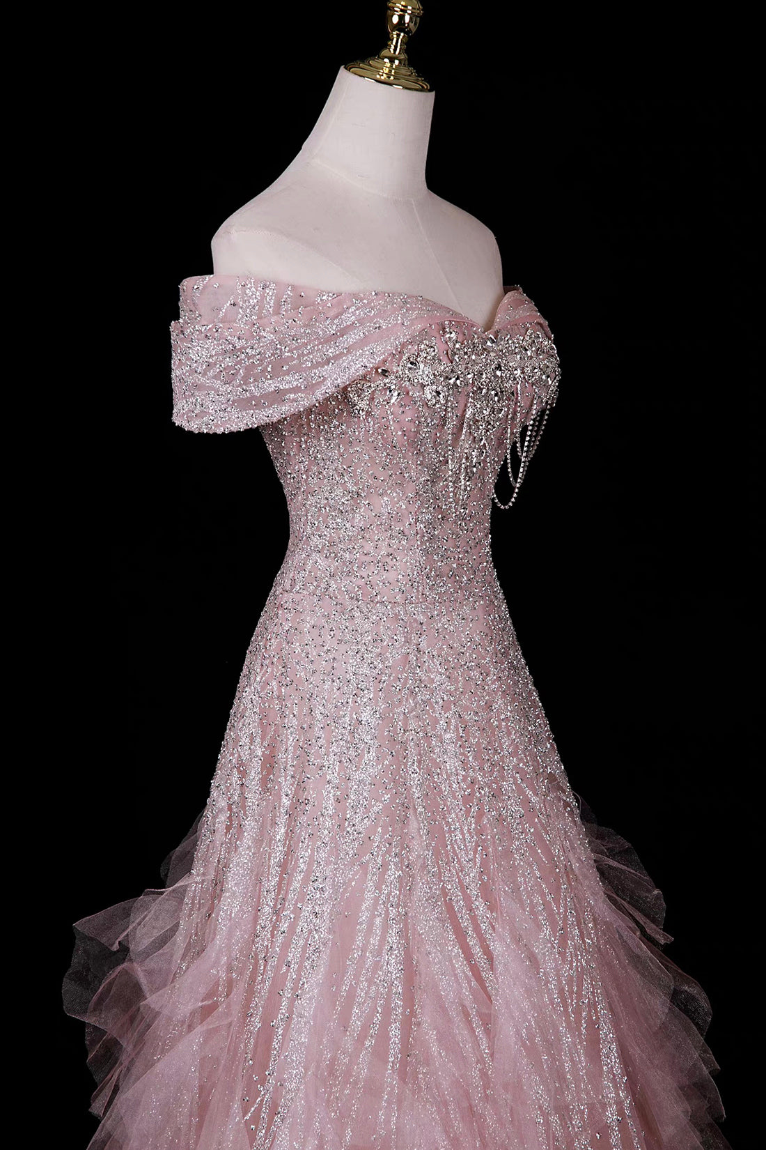 Pink Off-Shoulder Sequin Gown with Ruffled Shoulders