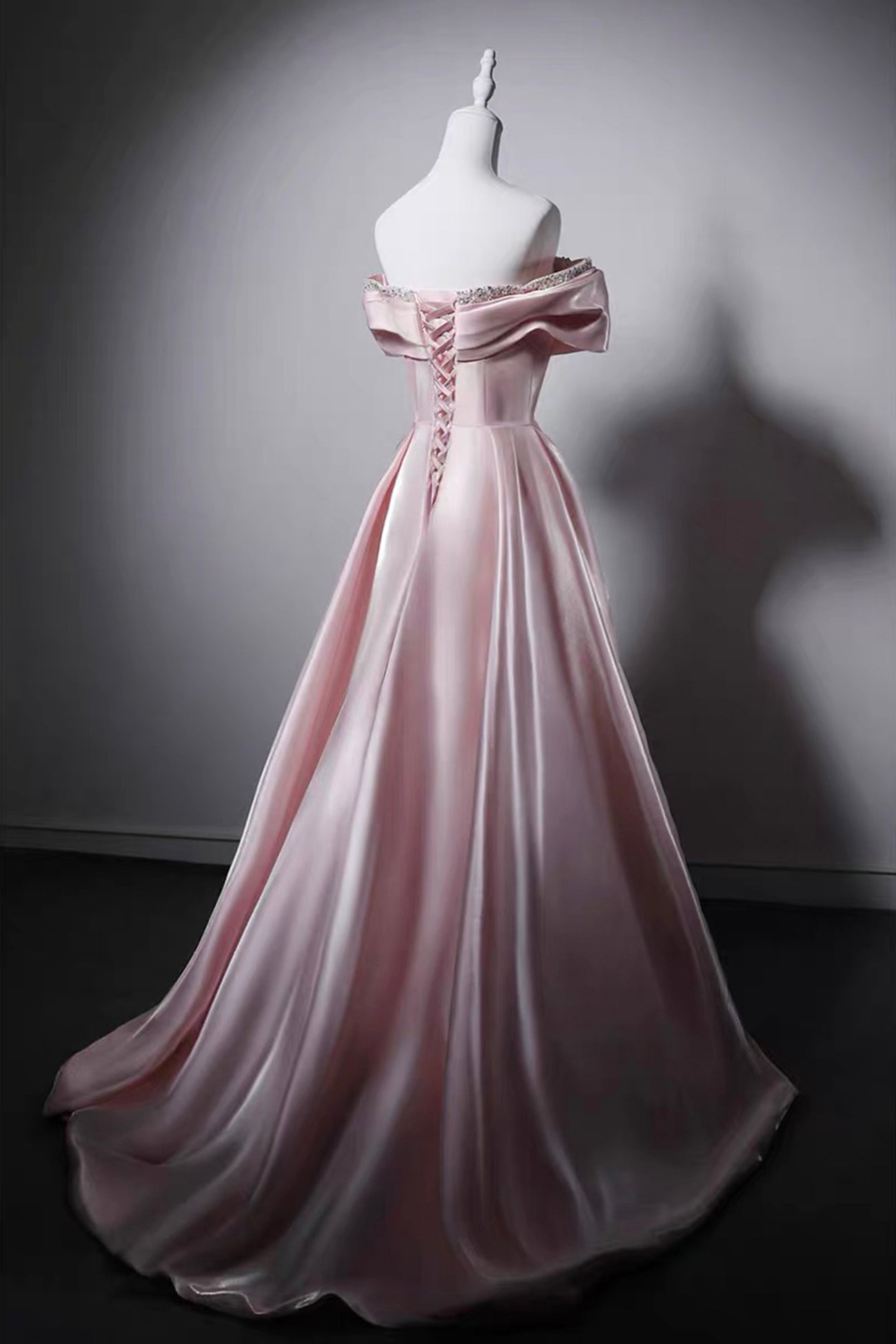 Pink Satin Off-the-Shoulder Evening Gown with Crystal Embroidery