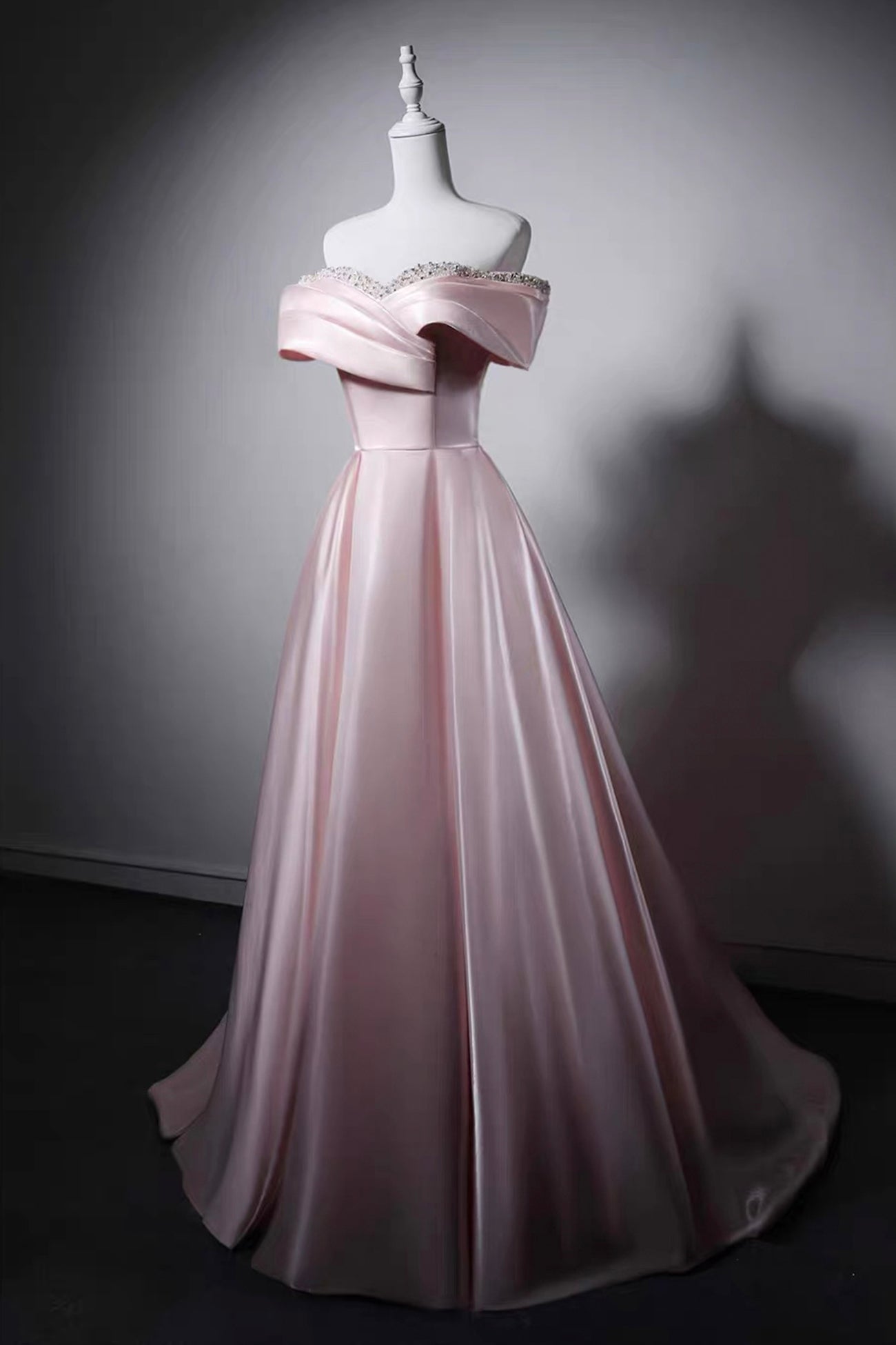 Pink Satin Off-the-Shoulder Evening Gown with Crystal Embroidery