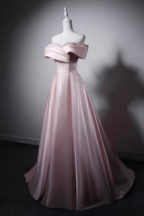 Pink Satin Off-the-Shoulder Evening Gown with Crystal Embroidery