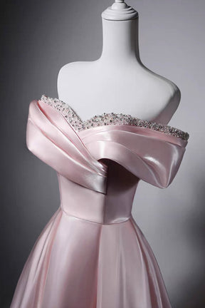 Pink Satin Off-the-Shoulder Evening Gown with Crystal Embroidery
