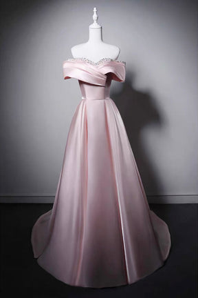 Pink Satin Off-the-Shoulder Evening Gown with Crystal Embroidery