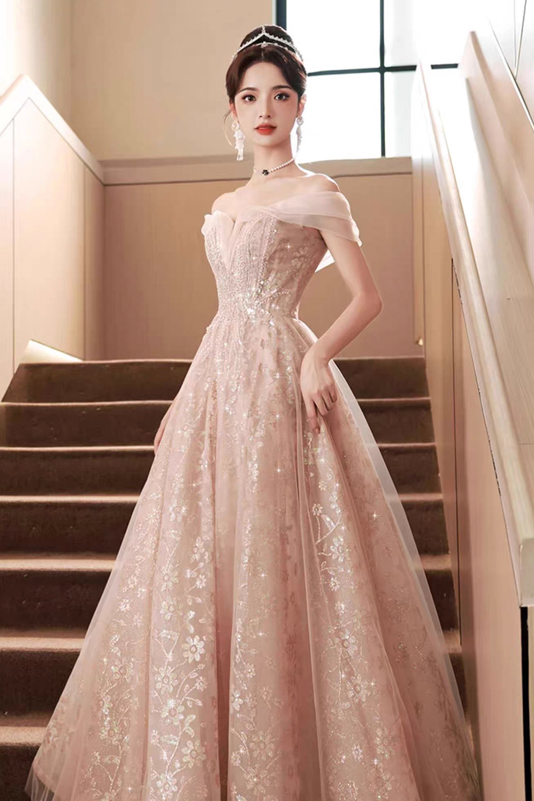 Pink Off-the-Shoulder Sequin Ball Gown with Tulle Skirt