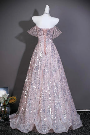 Pink Sequin Off-the-Shoulder Ball Gown with Ruffled Neckline