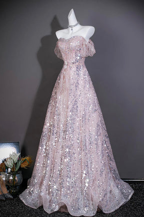Pink Sequin Off-the-Shoulder Ball Gown with Ruffled Neckline