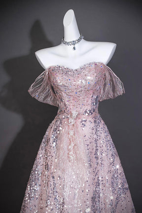 Pink Sequin Off-the-Shoulder Ball Gown with Ruffled Neckline