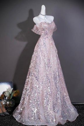 Pink Sequin Off-the-Shoulder Ball Gown with Ruffled Neckline