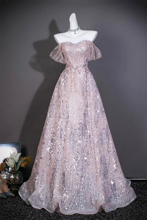Pink Sequin Off-the-Shoulder Ball Gown with Ruffled Neckline