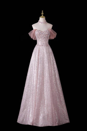 Pink Sequin Off-Shoulder Ball Gown – Beaded Floral Bodice with Detachable Tulle Sleeves, Custom Fit