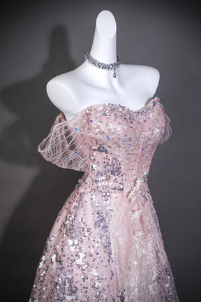Pink Sequin Off-the-Shoulder Ball Gown with Ruffled Neckline
