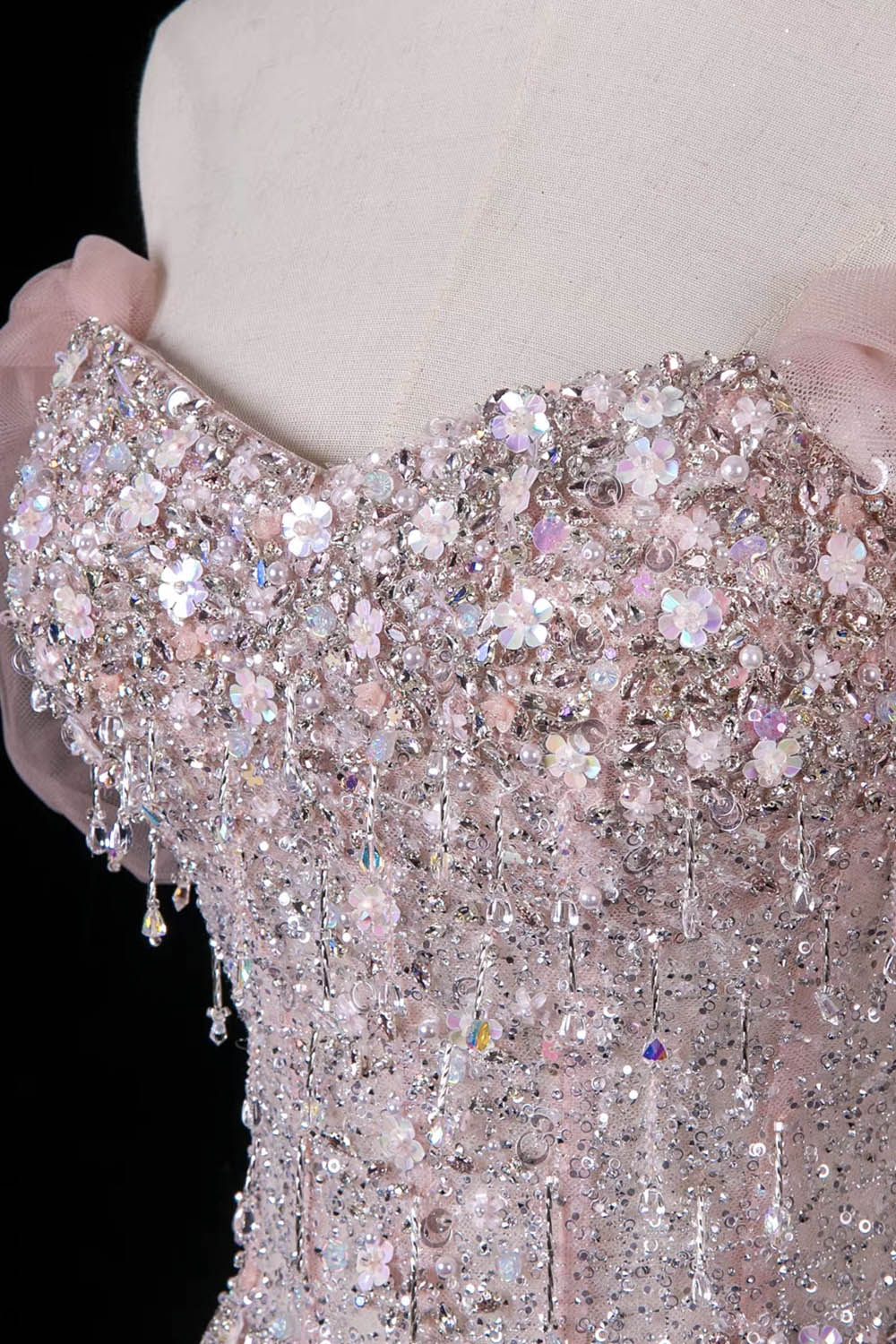 Pink Sequin Off-Shoulder Ball Gown – Beaded Floral Bodice with Detachable Tulle Sleeves, Custom Fit