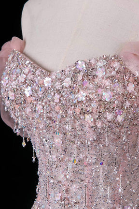 Pink Sequin Off-Shoulder Ball Gown – Beaded Floral Bodice with Detachable Tulle Sleeves, Custom Fit