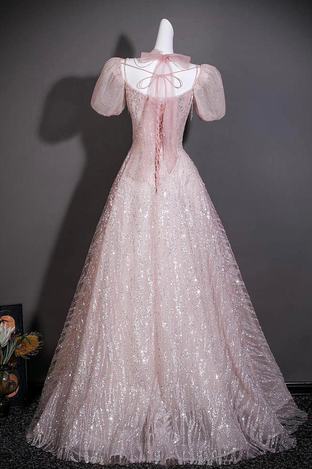Pink Sequin Puff Sleeve Gown with Beaded Bodice – Elegant Ball Gown for Prom