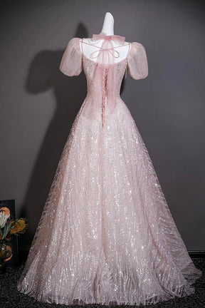 Pink Sequin Puff Sleeve Gown with Beaded Bodice – Elegant Ball Gown for Prom