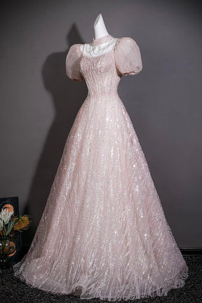 Pink Sequin Puff Sleeve Gown with Beaded Bodice – Elegant Ball Gown for Prom