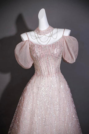 Pink Sequin Puff Sleeve Gown with Beaded Bodice – Elegant Ball Gown for Prom