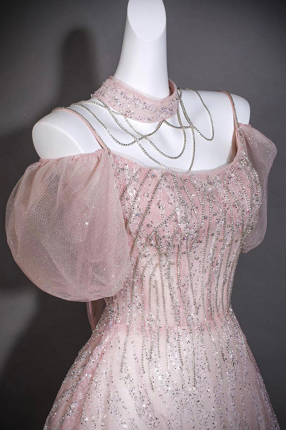 Pink Sequin Puff Sleeve Gown with Beaded Bodice – Elegant Ball Gown for Prom