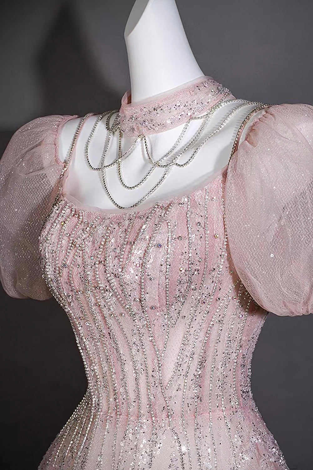 Pink Sequin Puff Sleeve Gown with Beaded Bodice – Elegant Ball Gown for Prom