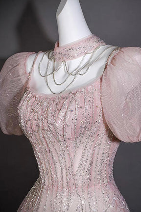 Pink Sequin Puff Sleeve Gown with Beaded Bodice – Elegant Ball Gown for Prom
