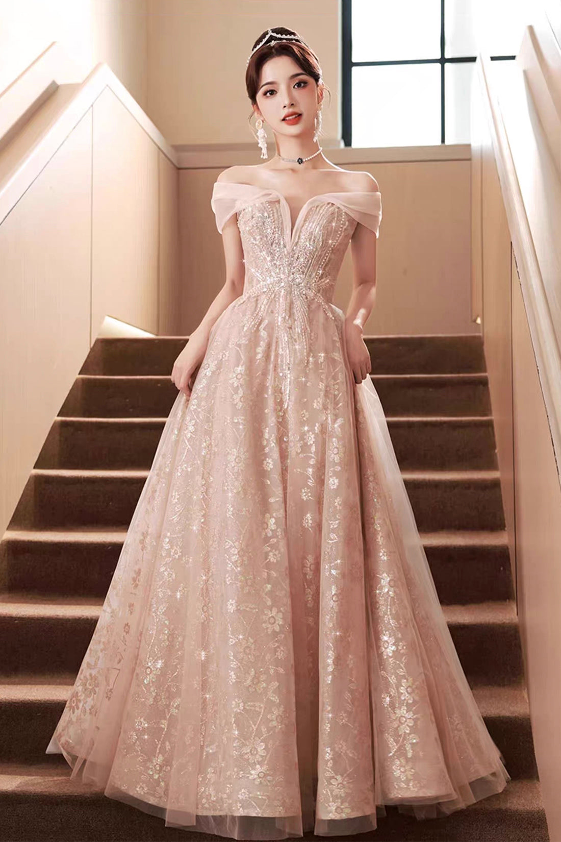 Pink Off-the-Shoulder Sequin Ball Gown with Tulle Skirt