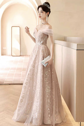 Pink Off-the-Shoulder Sequin Ball Gown with Tulle Skirt