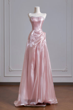 Pink Tulle Strapless Prom Gown with Beaded Neckline & Side Drape