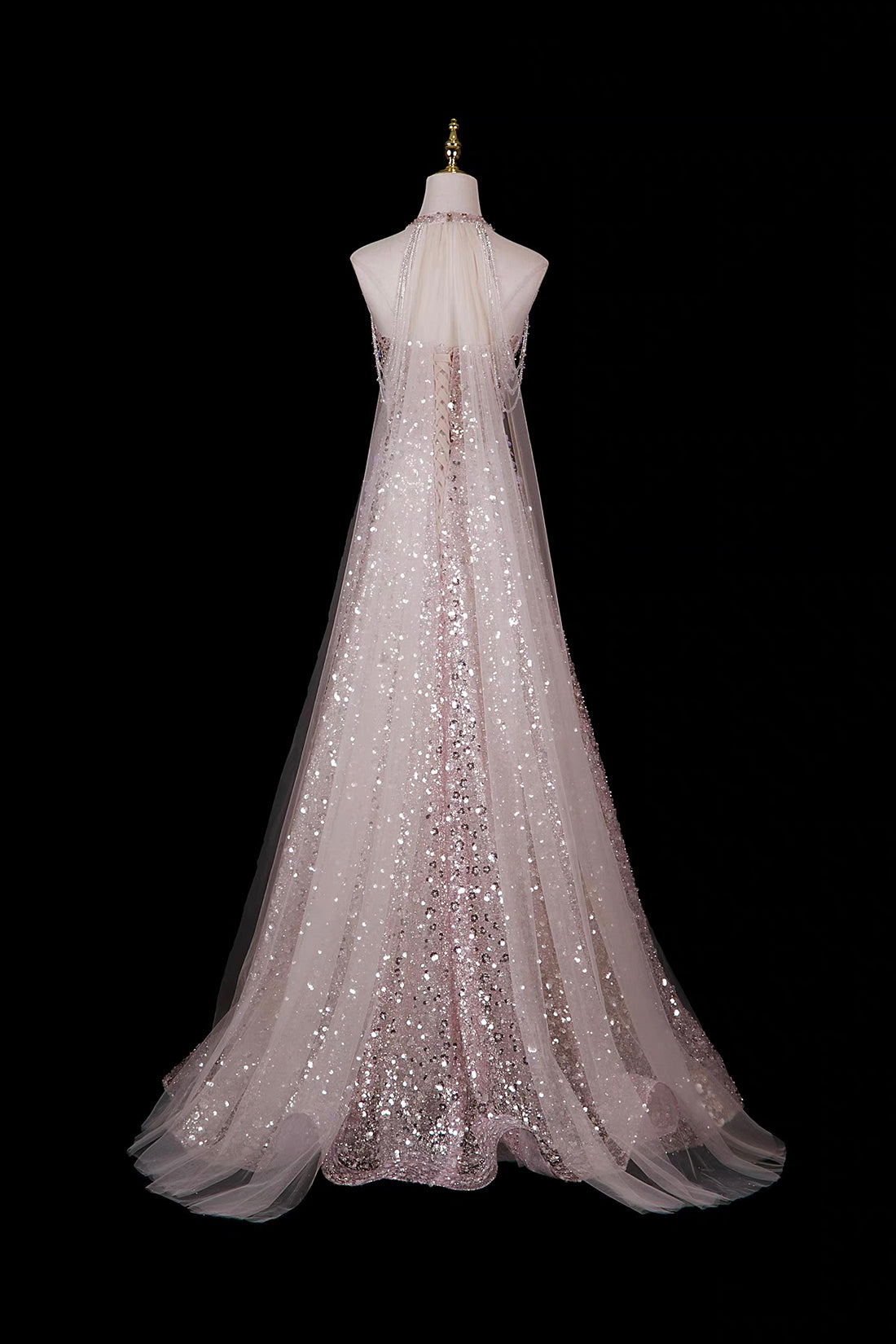 Pink Halter Neck Sequin Gown with 3D Floral Embellishments