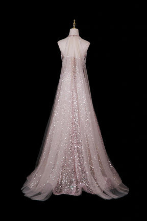 Pink Halter Neck Sequin Gown with 3D Floral Embellishments