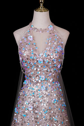 Pink Halter Neck Sequin Gown with 3D Floral Embellishments