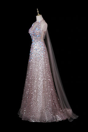 Pink Halter Neck Sequin Gown with 3D Floral Embellishments