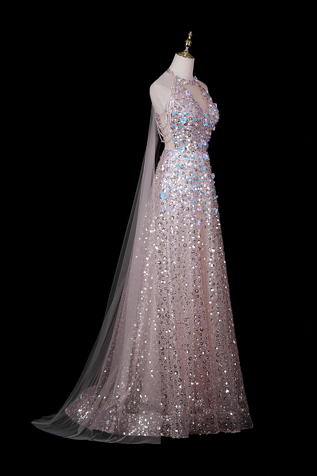 Pink Halter Neck Sequin Gown with 3D Floral Embellishments