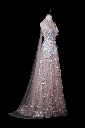 Pink Halter Neck Sequin Gown with 3D Floral Embellishments