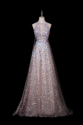 Pink Halter Neck Sequin Gown with 3D Floral Embellishments