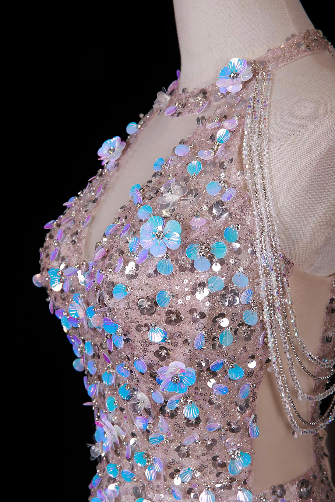 Pink Halter Neck Sequin Gown with 3D Floral Embellishments