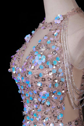 Pink Halter Neck Sequin Gown with 3D Floral Embellishments