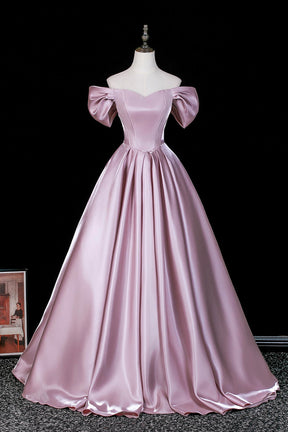 Elegant Off-Shoulder Satin Ball Gown with Bow Sleeves - Pink Formal Dress for Prom