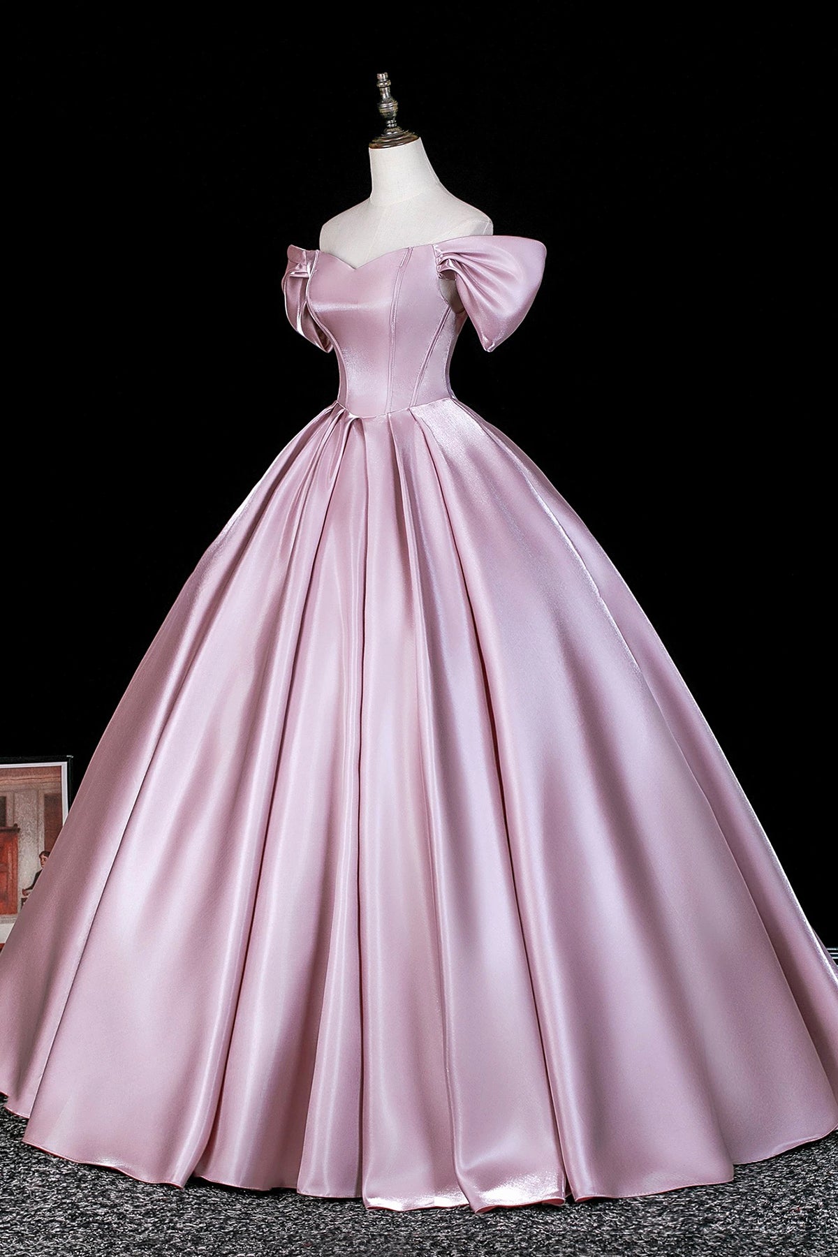 Elegant Off-Shoulder Satin Ball Gown with Bow Sleeves - Pink Formal Dress for Prom