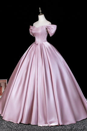 Elegant Off-Shoulder Satin Ball Gown with Bow Sleeves - Pink Formal Dress for Prom