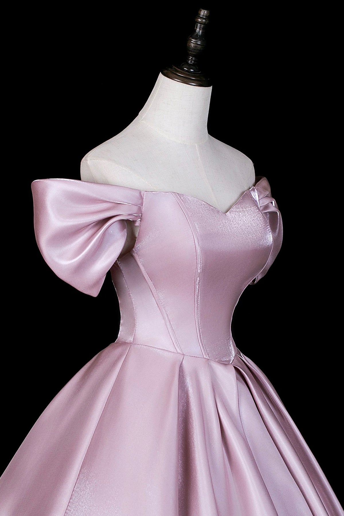 Elegant Off-Shoulder Satin Ball Gown with Bow Sleeves - Pink Formal Dress for Prom
