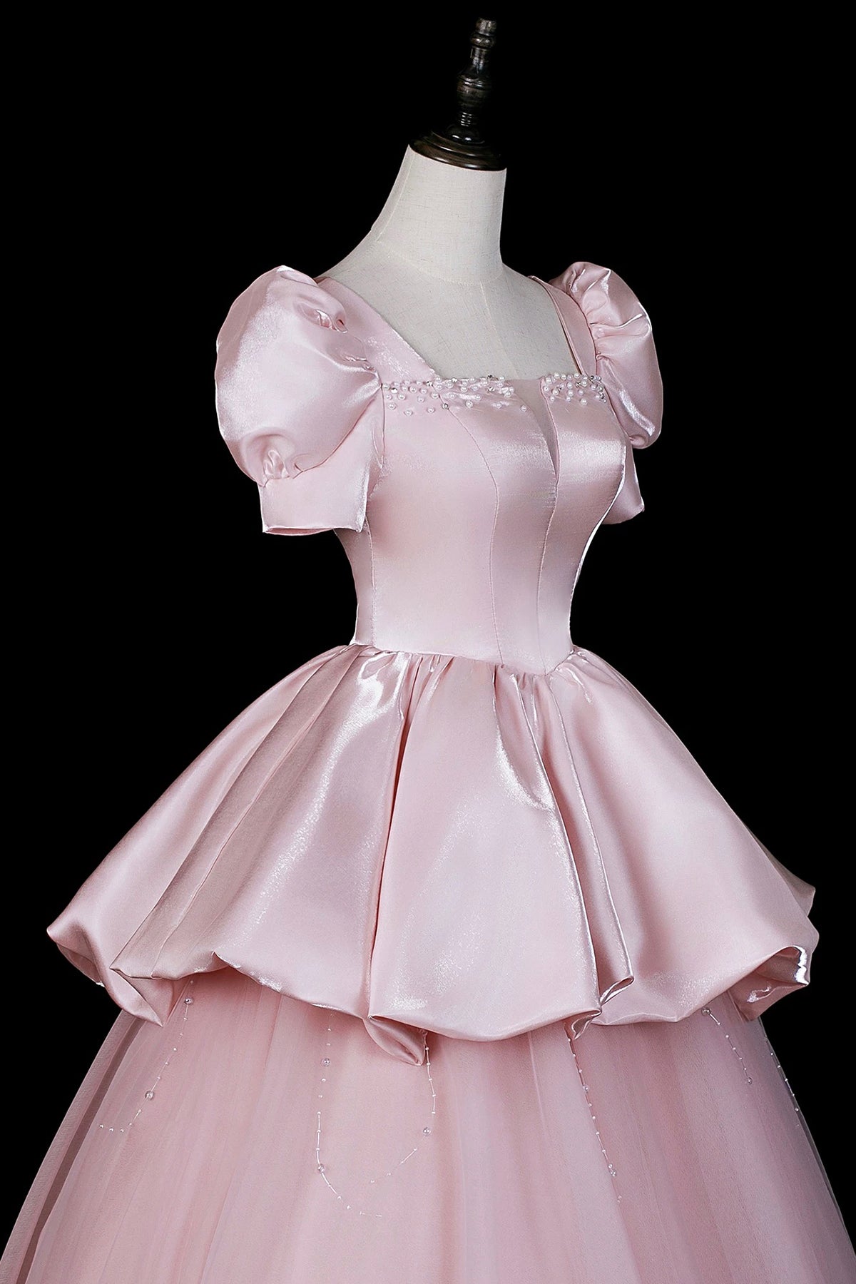 Pink Satin Tulle Ball Gown with Puff Sleeves - Square Neckline Formal Dress