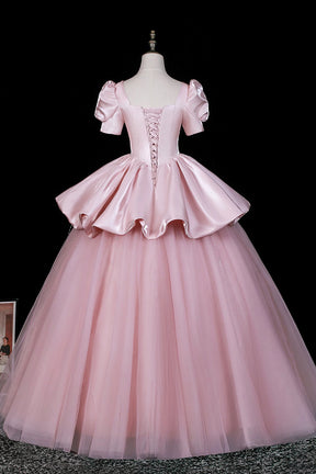 Pink Satin Tulle Ball Gown with Puff Sleeves - Square Neckline Formal Dress