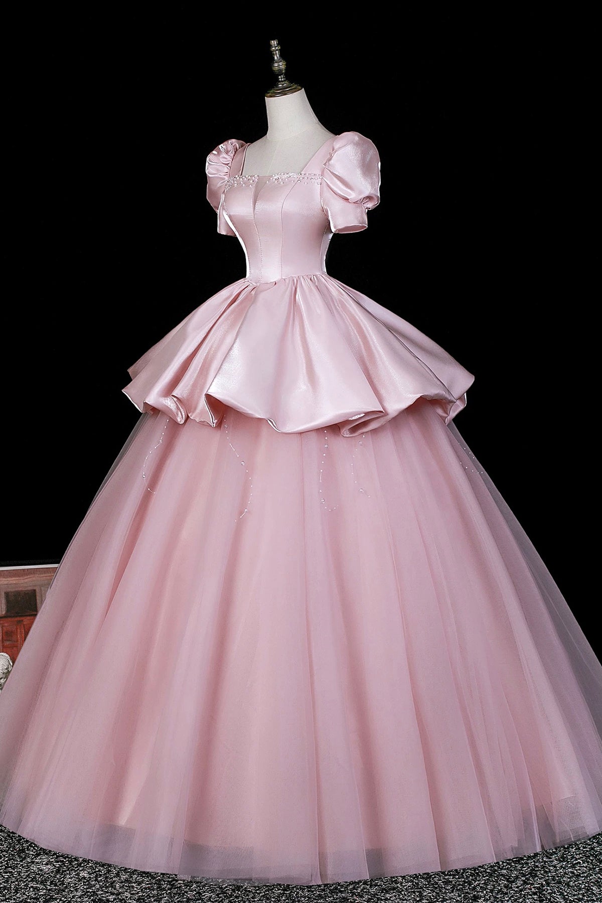 Pink Satin Tulle Ball Gown with Puff Sleeves - Square Neckline Formal Dress
