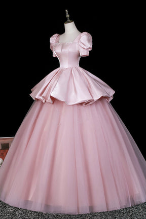 Pink Satin Tulle Ball Gown with Puff Sleeves - Square Neckline Formal Dress