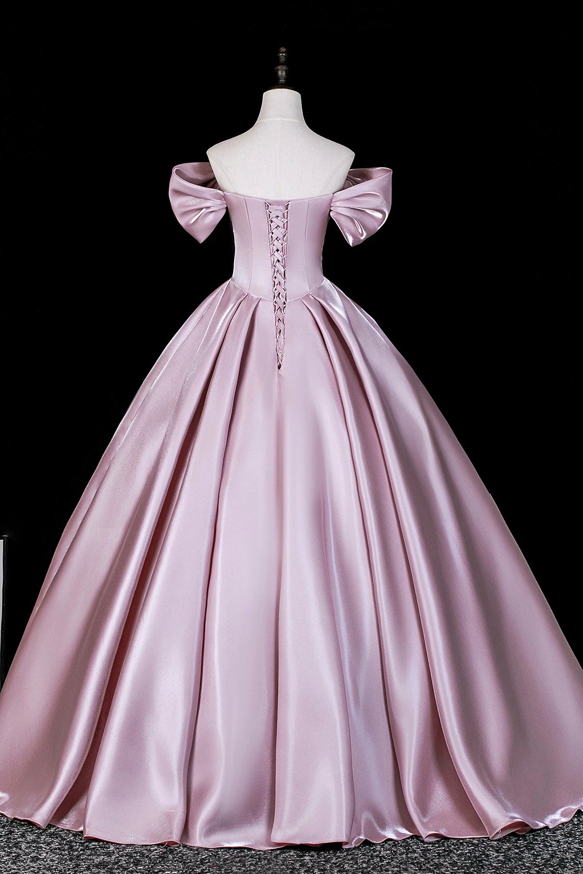 Elegant Off-Shoulder Satin Ball Gown with Bow Sleeves - Pink Formal Dress for Prom