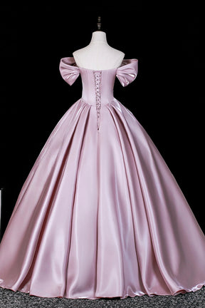 Elegant Off-Shoulder Satin Ball Gown with Bow Sleeves - Pink Formal Dress for Prom