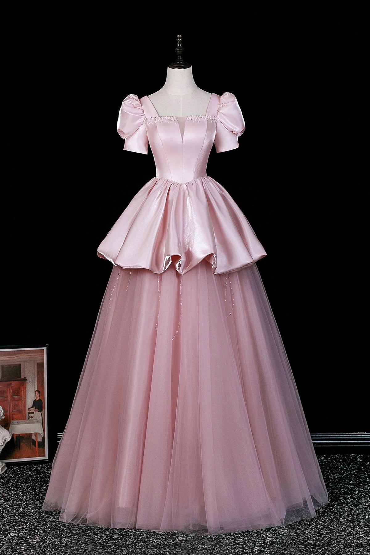Pink Satin Tulle Ball Gown with Puff Sleeves - Square Neckline Formal Dress