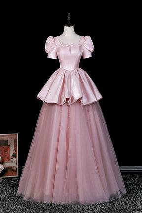 Pink Satin Tulle Ball Gown with Puff Sleeves - Square Neckline Formal Dress