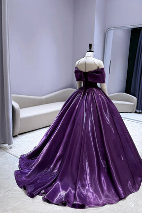Purple Metallic Off-Shoulder Ball Gown with Corset Bodice