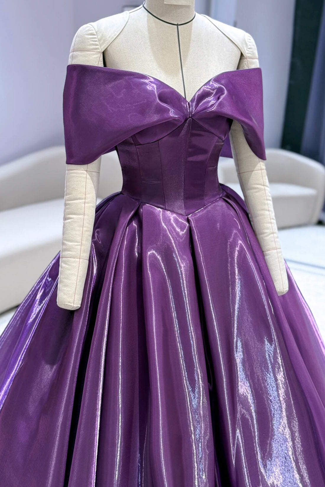 Purple Metallic Off-Shoulder Ball Gown with Corset Bodice