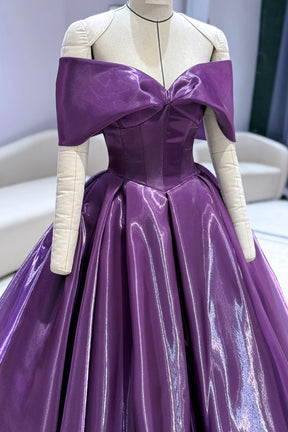 Purple Metallic Off-Shoulder Ball Gown with Corset Bodice